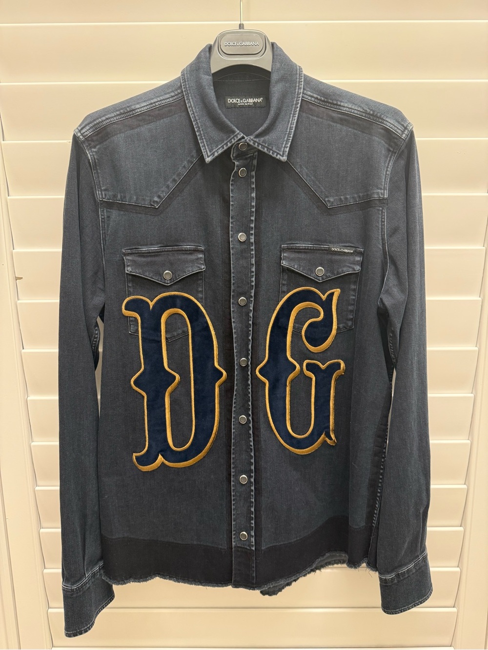 Dolce & Gabbana Dark Blue Denim Logo Western Shirt Jacket with Gold Trim Size 41
